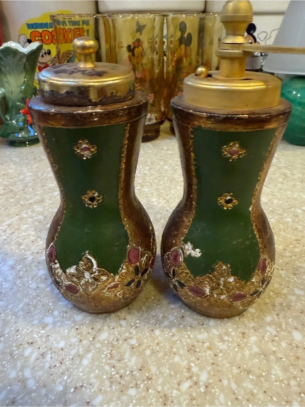 Ornate Green & Gold Decorative Salt and Pepper Shakers - Elegant Table Accent